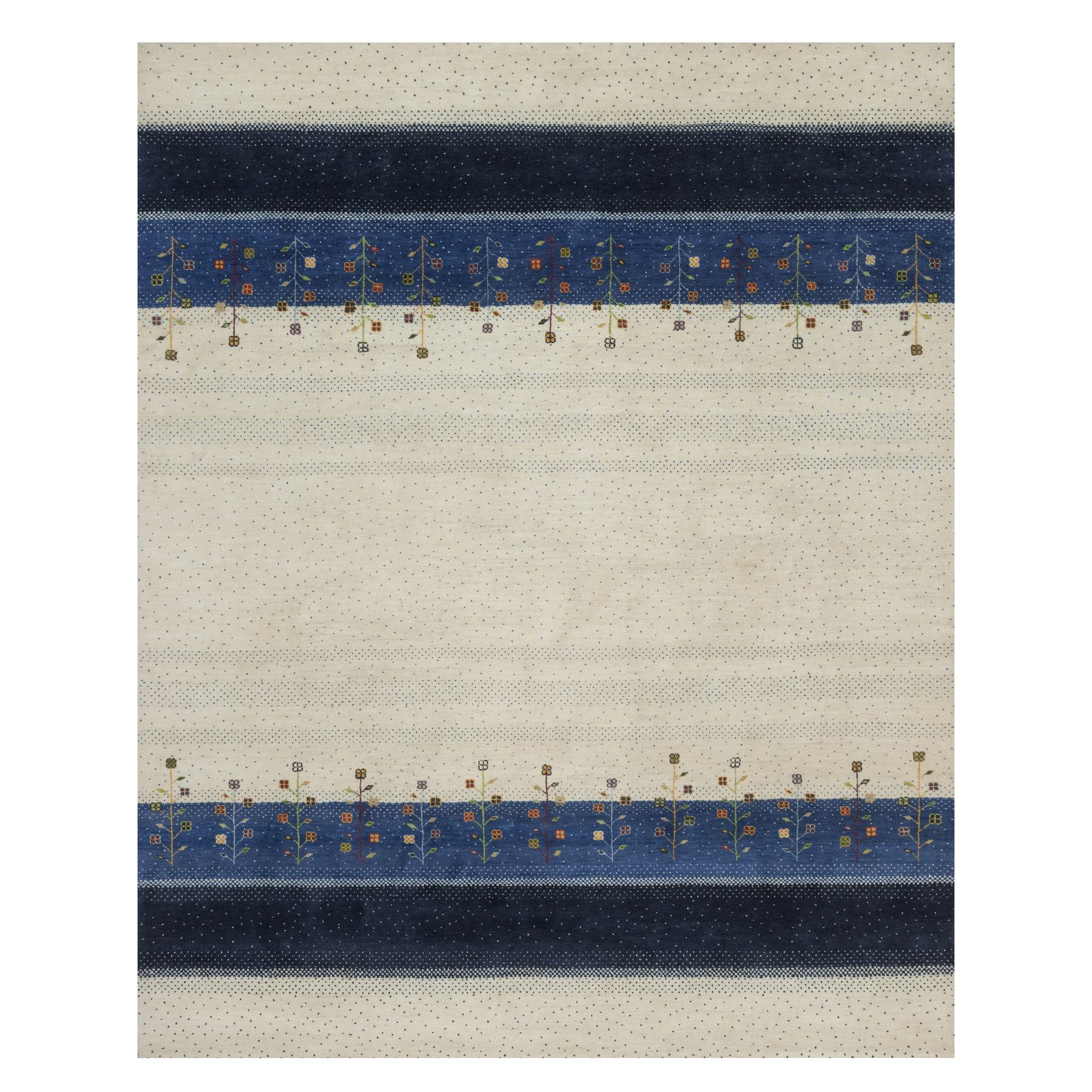 Parchment White, Modern, Tree Design, Lori Buft Gabbeh, Pure Wool, Hand Knotted, Thick and Plush, Soft Pile, Oriental Rug